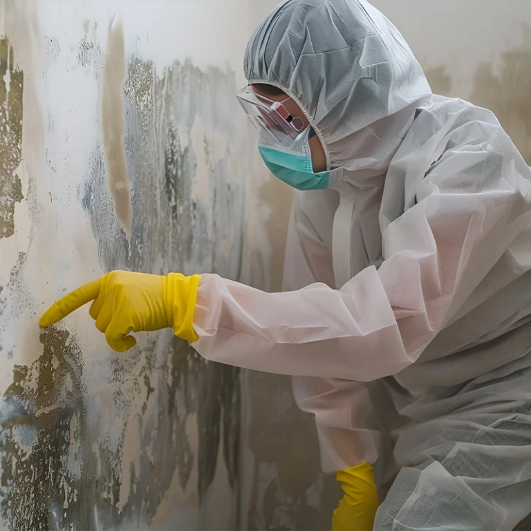 Technician setting up containment for mold remediation Lakeland FL in a residential bathroom with visible wall growth.